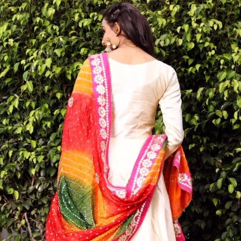 Ready to wear chanderi silk gown with bandhani dupatta