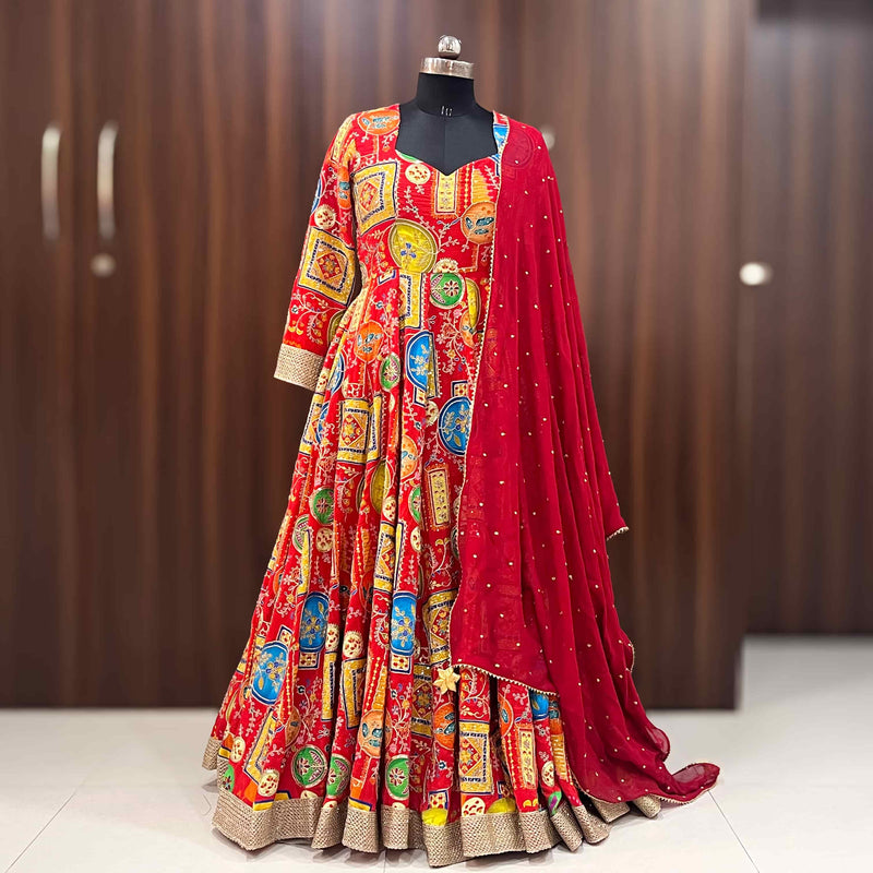 Ready to wear Multi Colour Printed Embrodaired Gown Dress