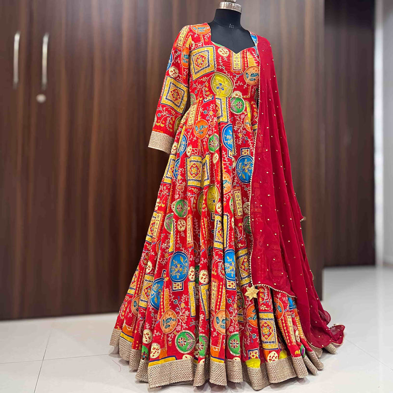 Ready to wear Multi Colour Printed Embrodaired Gown Dress