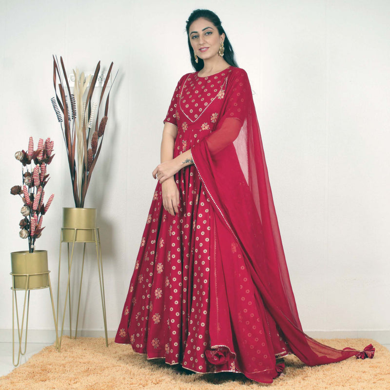 Ready to wear Maroon Multi Golden Block Printed Gown