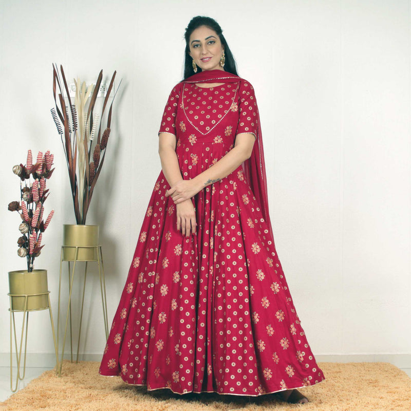Ready to wear Maroon Multi Golden Block Printed Gown