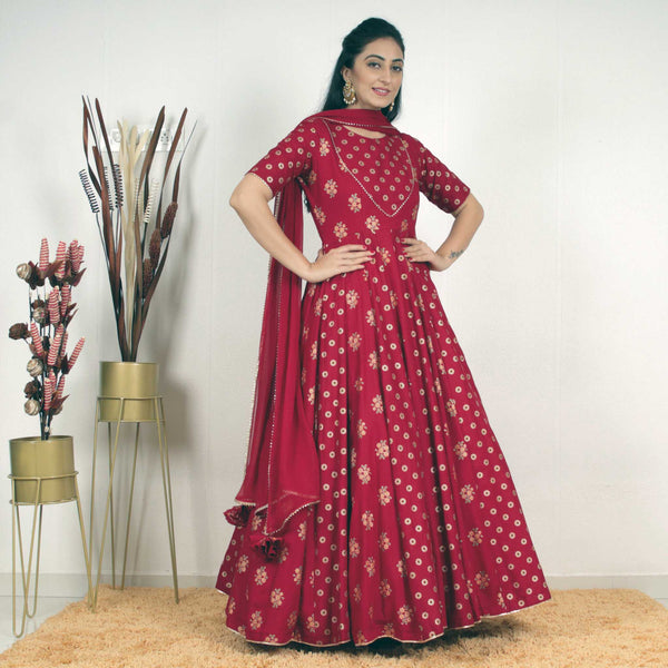 Ready to wear Maroon Multi Golden Block Printed Gown