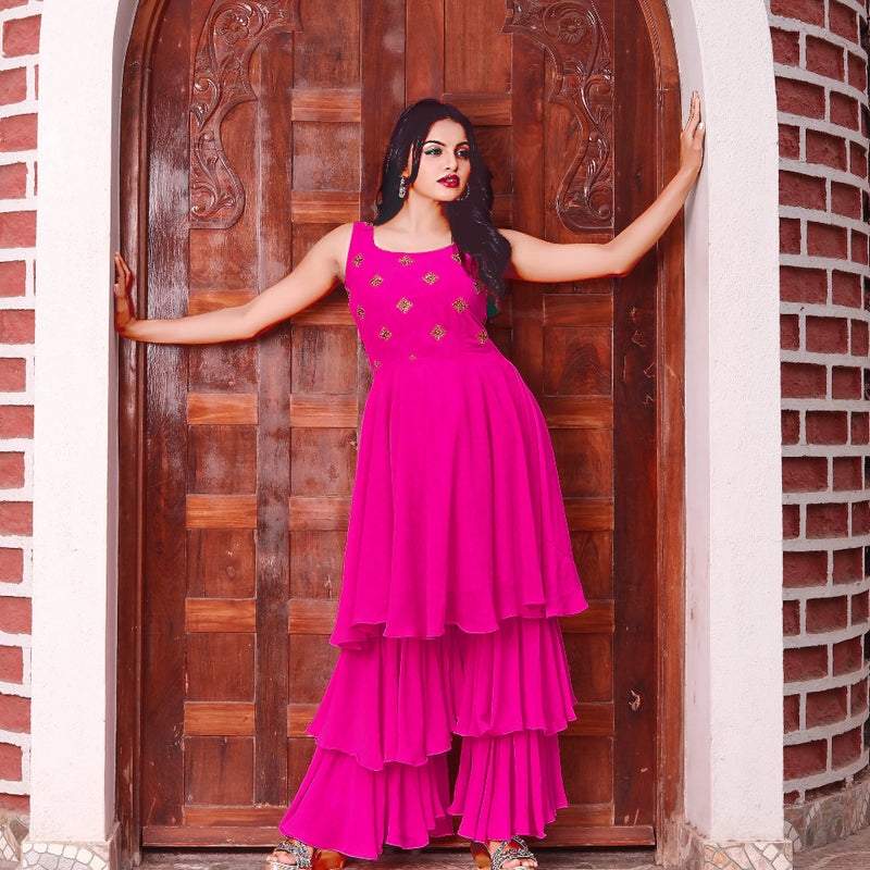 Pink georgette designer sharara with kurti