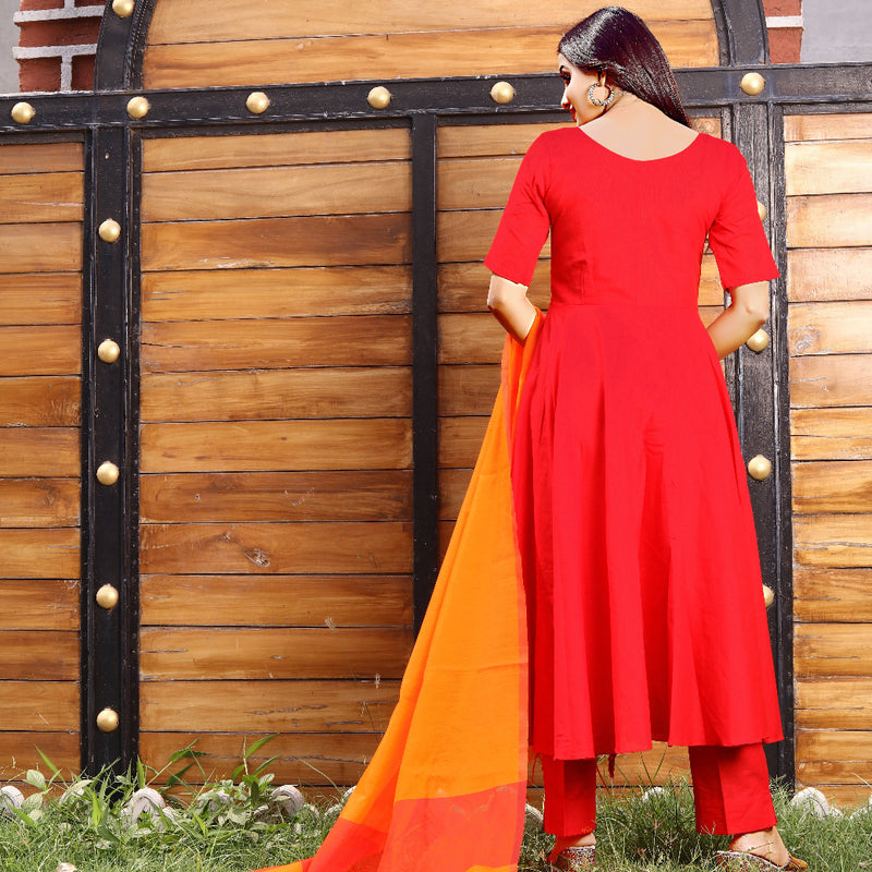 back view of cotton red and orange dress with dupatta