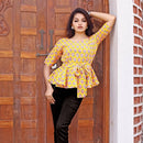 Yellow cotton block printed western wear top for jeans
