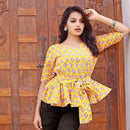 Yellow cotton block printed western wear clothing top for jeans