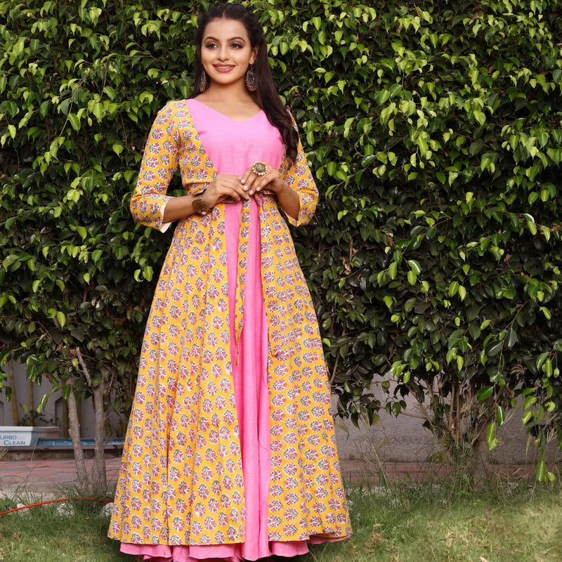 Yellow and pink block printed indowestern dresses for women