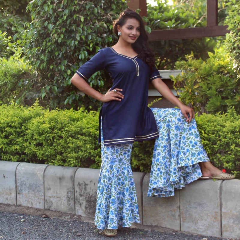 navy blue and white block printed sharara design