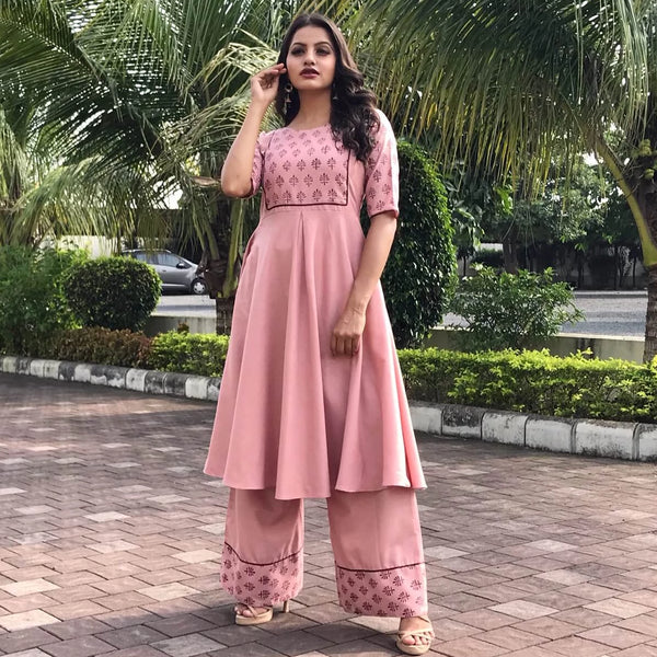 block printed peach cotton kurti with plazzo set