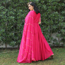 pink chex lehariya gown with dupatta