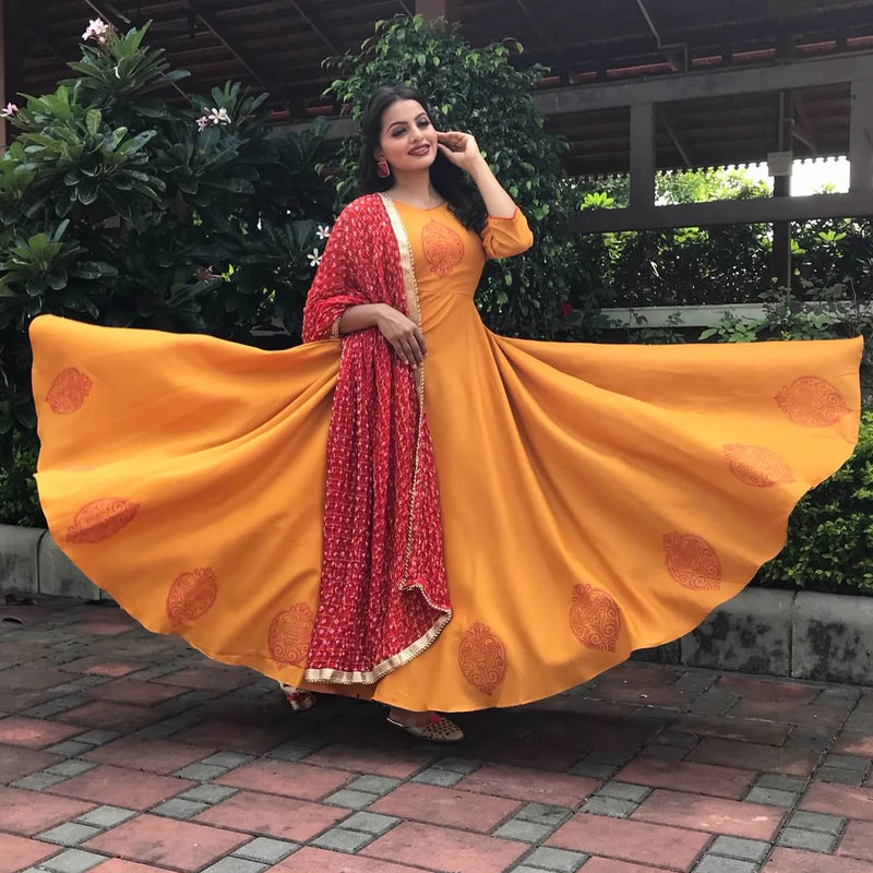yellow cotton block printed long gown with bandhani dupatta