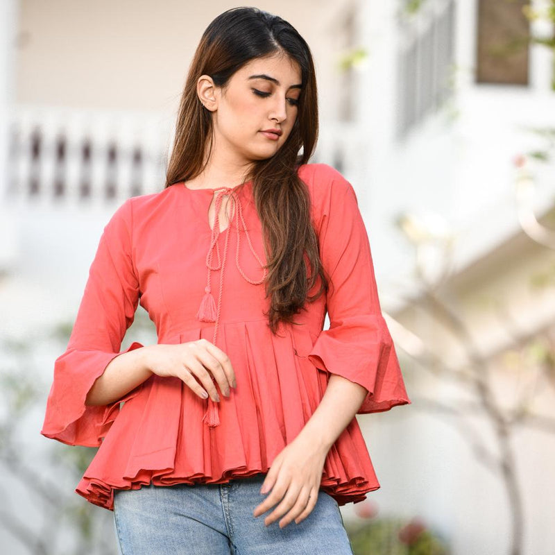 Peach cotton western wear top for women's