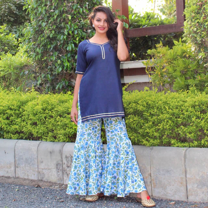 navy blue kurta with block printed sharara design