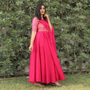 pink chex lehariya gown with dupatta