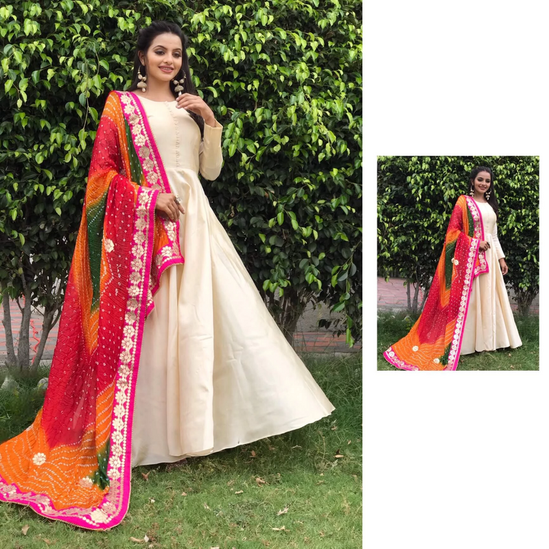 Ready to wear chanderi silk gown with bandhani dupatta