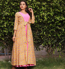 yellow blockprinted shrug with pink kurtis dress