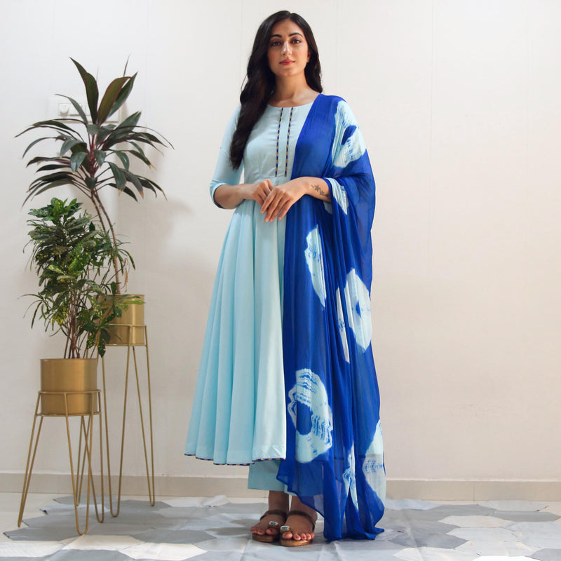 Ready to wear sky Ink-blue shibori print suit set