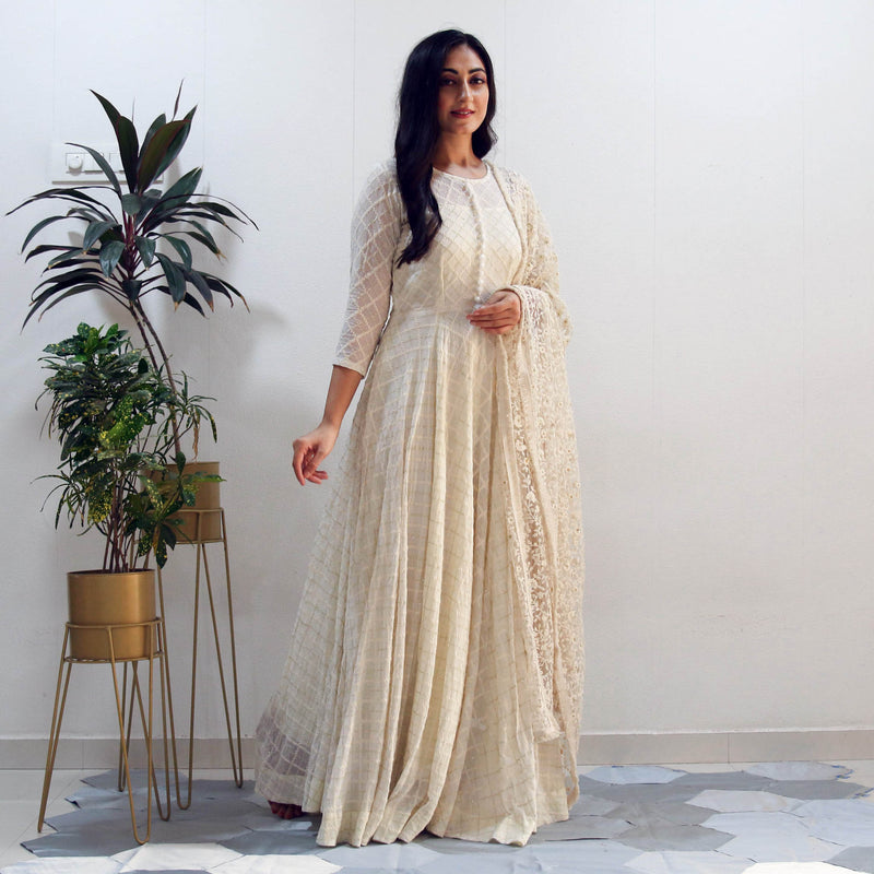 Ready to wear Off white Chikankari gown