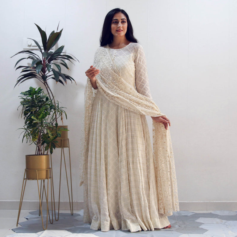 Net Thread Off white Diwali Anarkali Suit with Dupatta  AS3281
