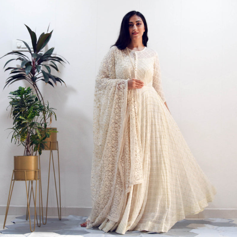 Off White Lucknowi Chikankari With Embroidery Pure Cotton Gown