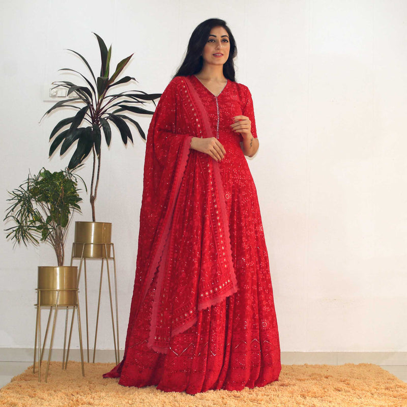 Ready to wear Strawberry Lucknowi Chikankari Gown Dress