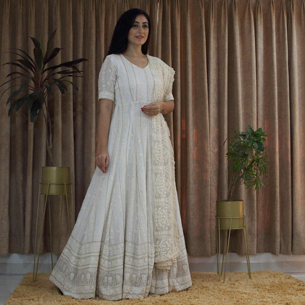 Ready to wear Off white Lucknowi Chikankari Annarkali Gown