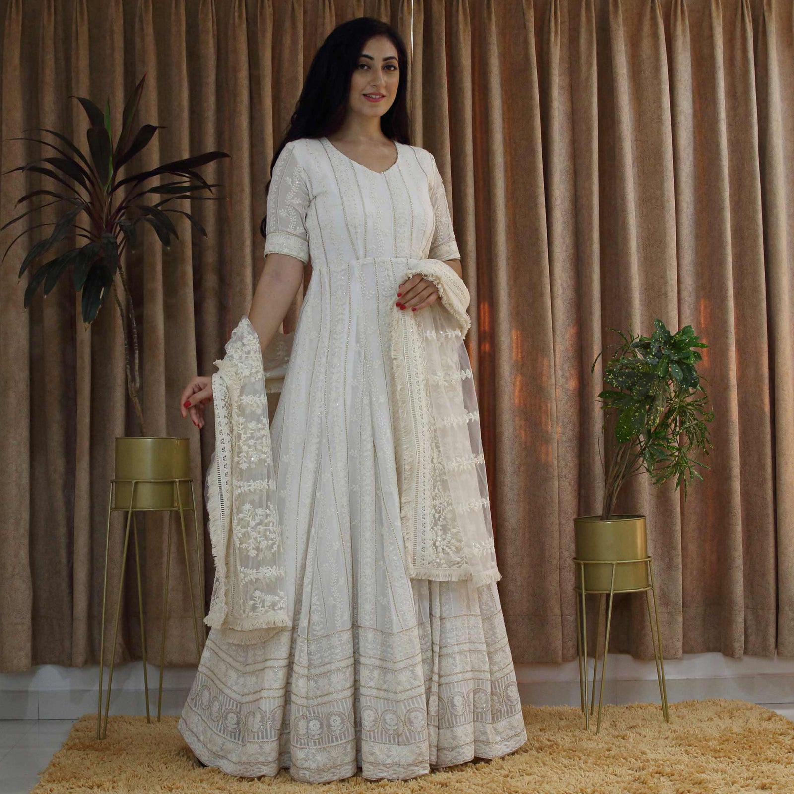 White Lucknowi Style Wedding Festive Anarkali Gown main image 1