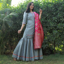 Gray sharara kurta with pink banarasi dupatta