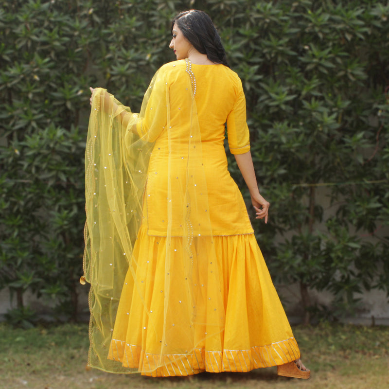 yellow kurta and sharara with net dupatta younari
