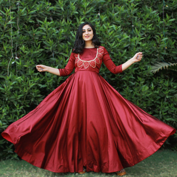 marron leaf satin gown Younari