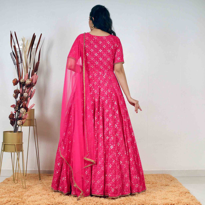 Ready to wear Hot Pink Chikankari Lucknowi Gown
