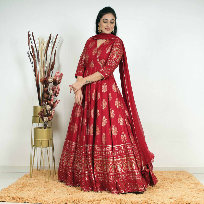 Ready to wear Maroon Gold Printed Gown Dress