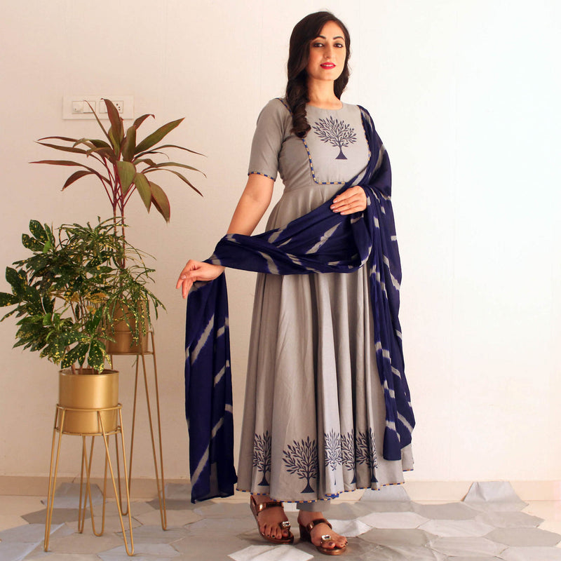 Ready to wear Pewter Indigo Block printed suit set