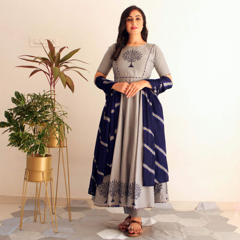 Ready to wear Pewter Indigo Block printed suit set