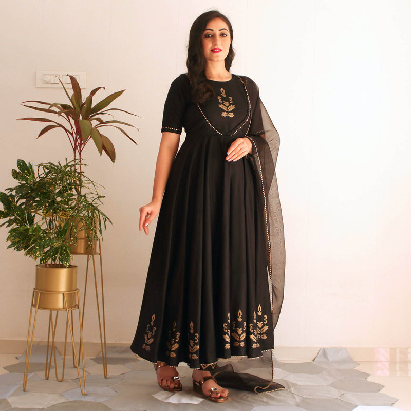 Ready to wear Midnight Black  Block Printed suit set
