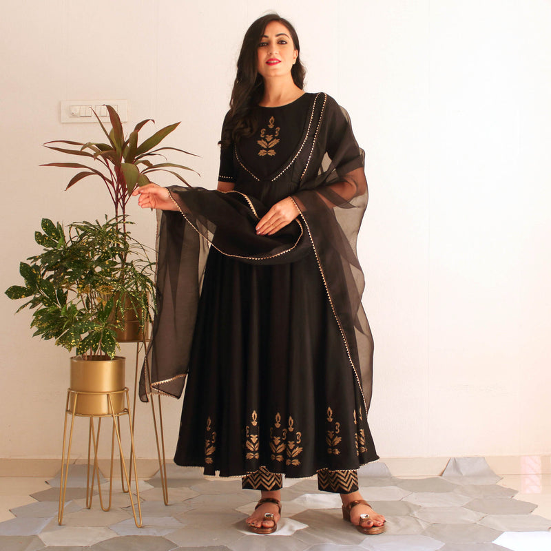 Ready to wear Midnight Black  Block Printed suit set