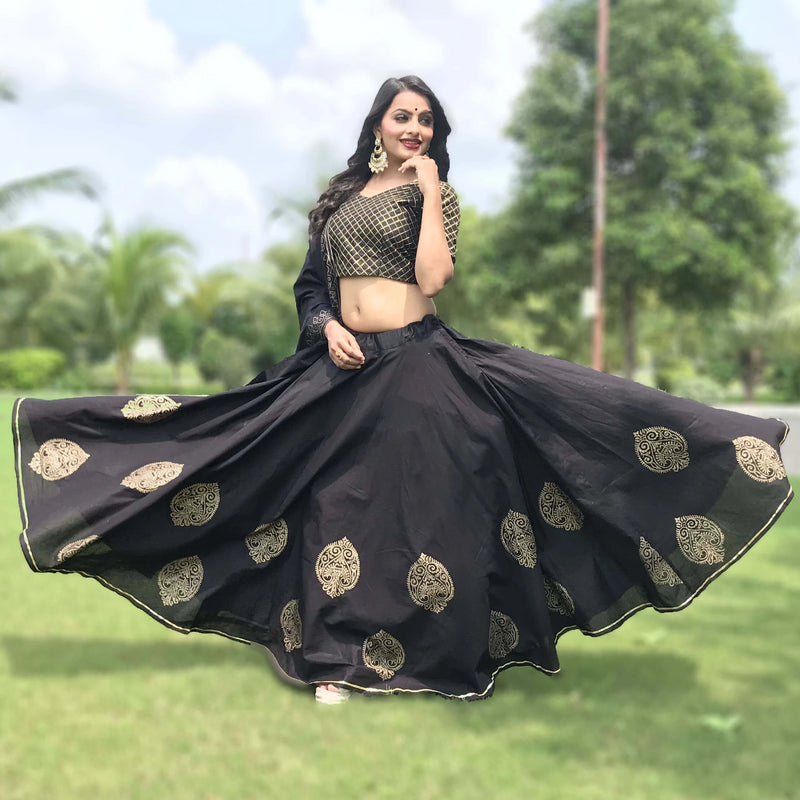 simple black block printed lehnga choli.