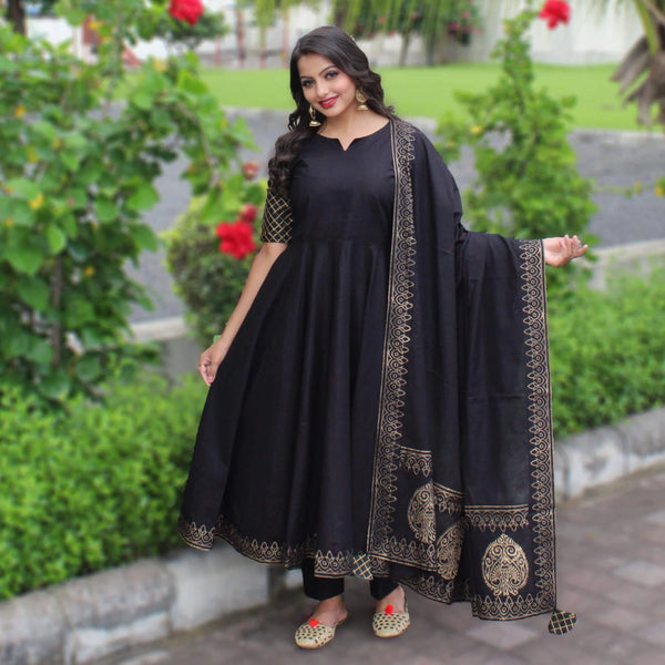 black cotton block printed suit set