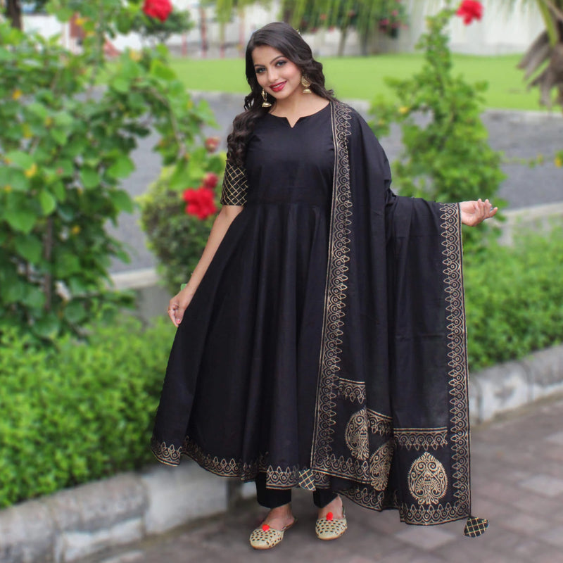 Black Ajrakh Print Suit Set with Yoke design and Ajrakh Cotton Dupatta –  Desisass