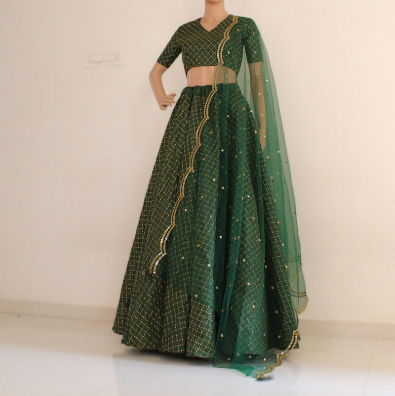 green lehnga choli with net dupatta