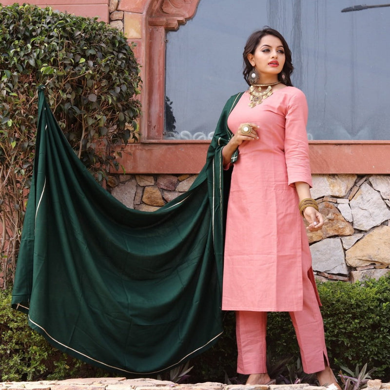 Peach cotton kurta with dupatta dress