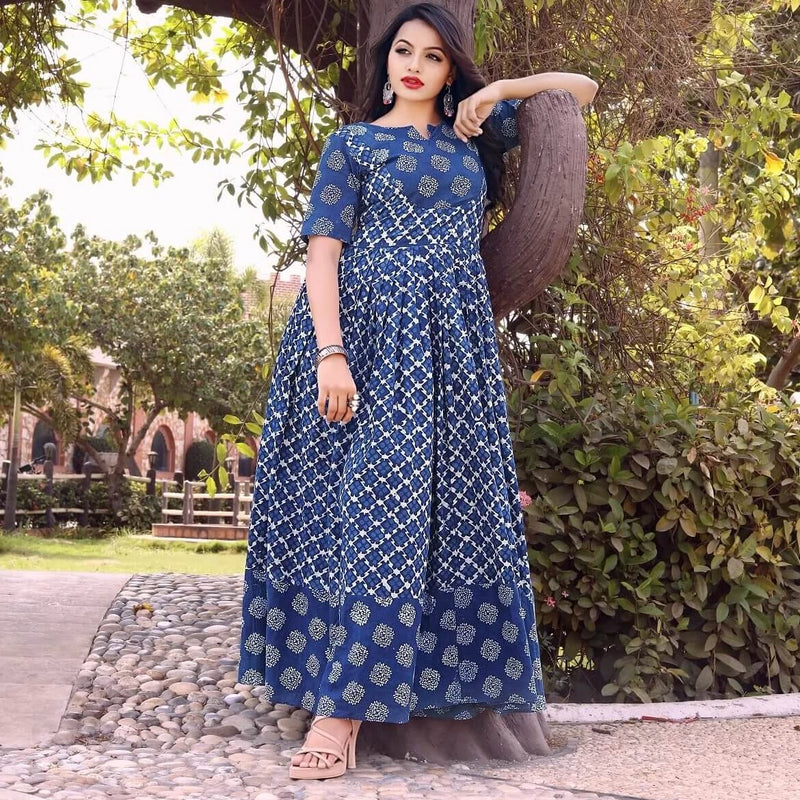 Block printed flared long gowns with sleeves