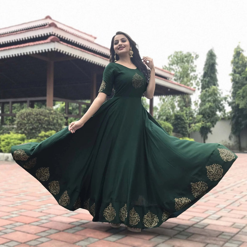 Ready to wear Block printed green gown suit set