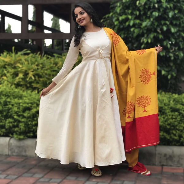 Chanderi long gown with block printed dupatta