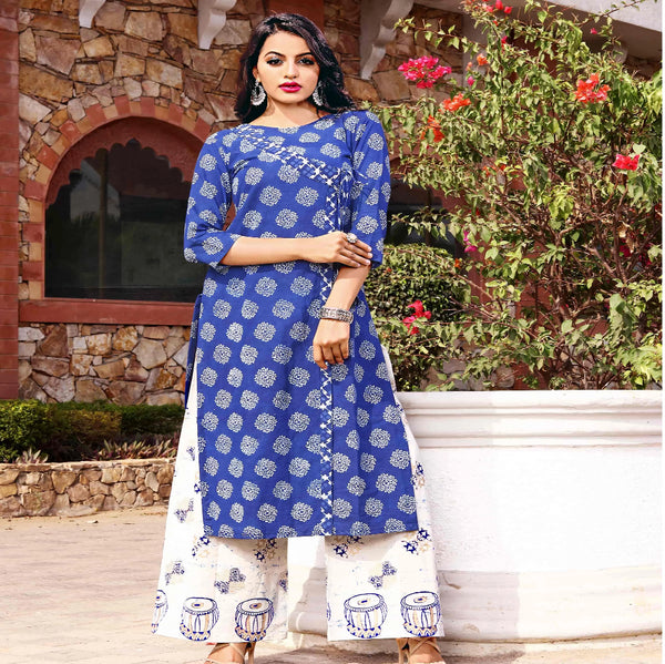 Block printed Blue cotton kurta with plazoo