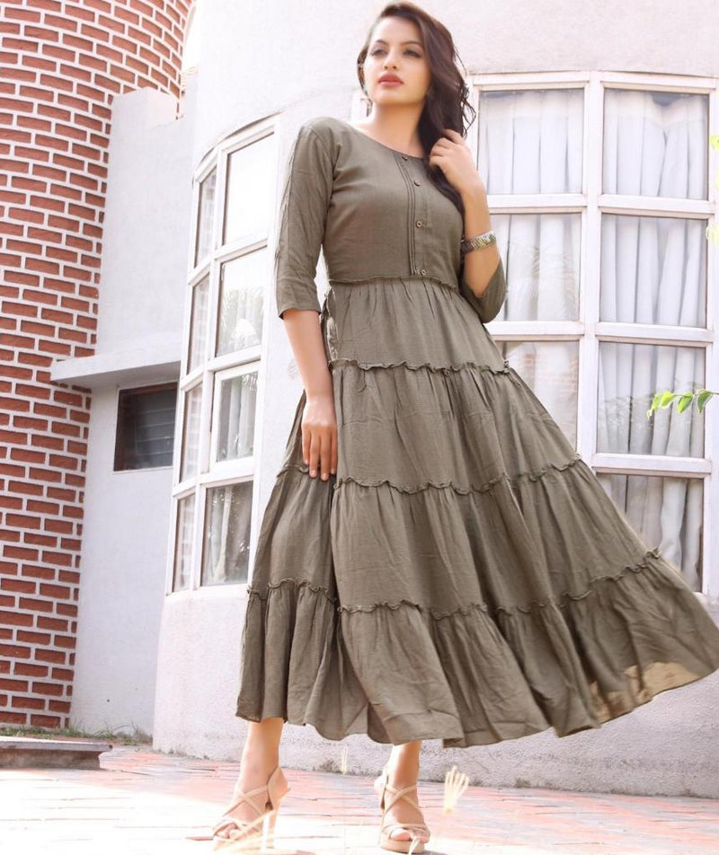 Green cotton flared dress bunaai