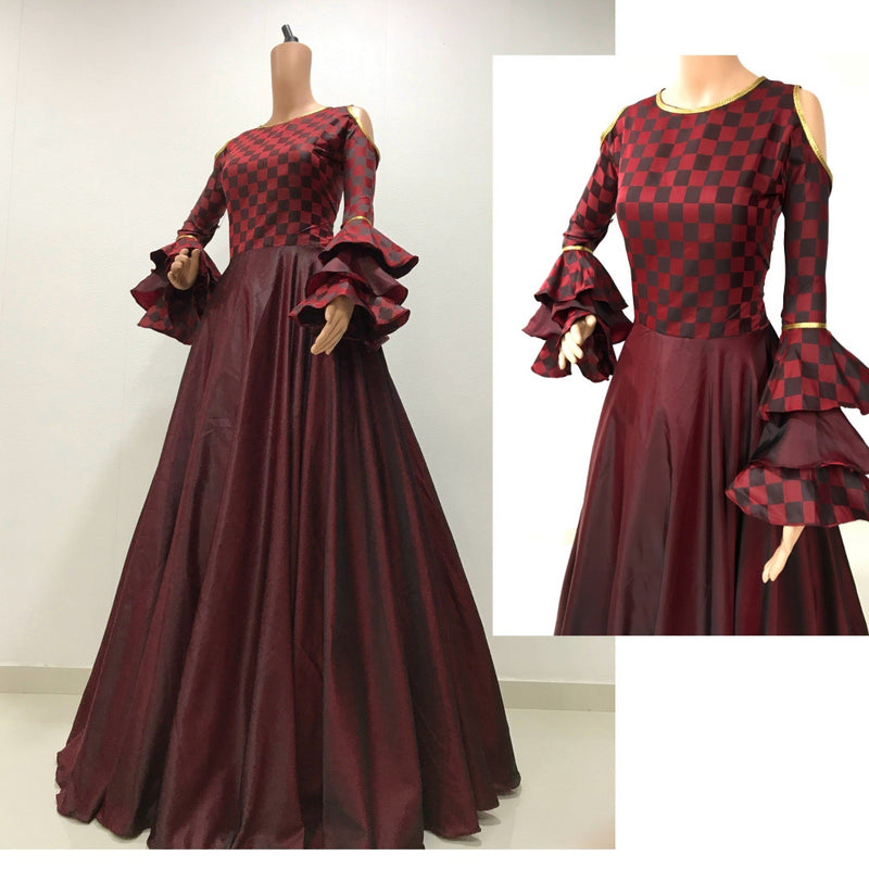 marron satin gown with bell sleeve for party wear